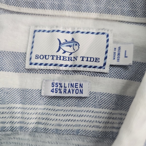 Southern‎ Tide Blue & White Striped Linen Blend Lightweight Shirt Mens Large - Picture 4 of 7